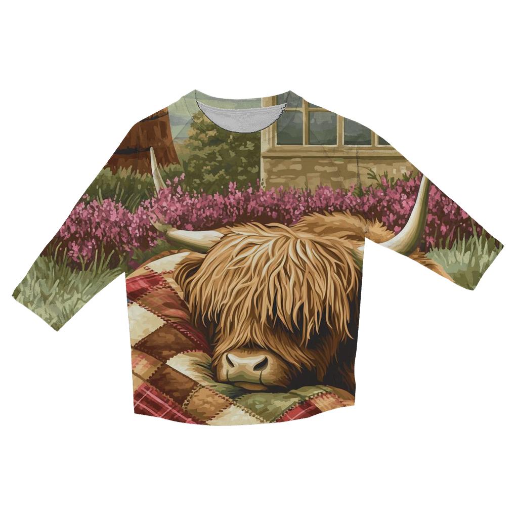 Tartan Quilt Highland Cow Companion trendy 3/4 sleeve tops