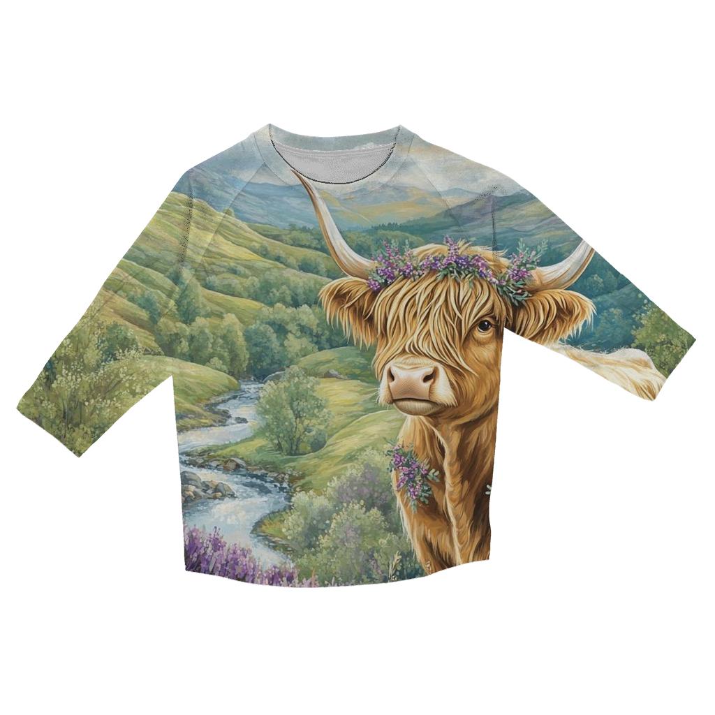 Highland Cow Under Heather Rainbows personalized 3/4 sleeve tees