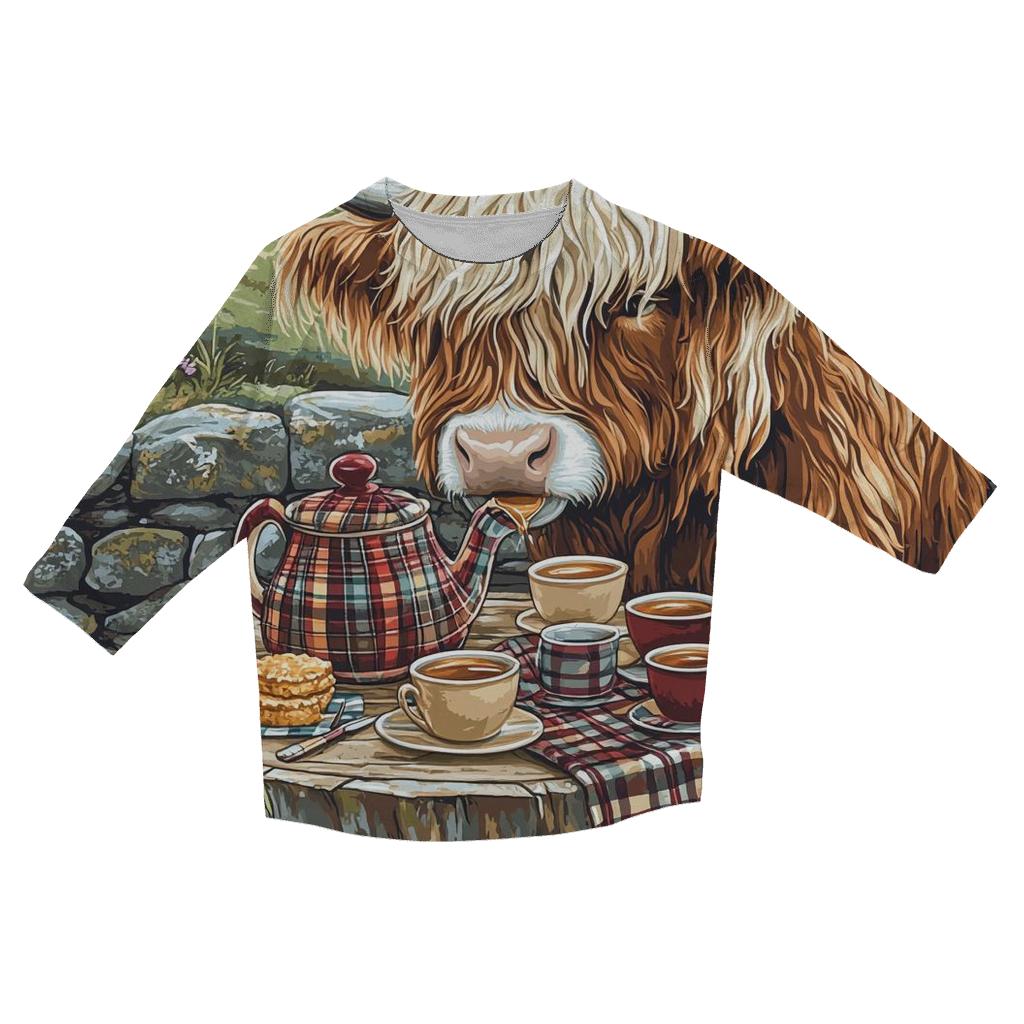 Storybook Tea Time Highland Cow stylish quarter sleeve tops