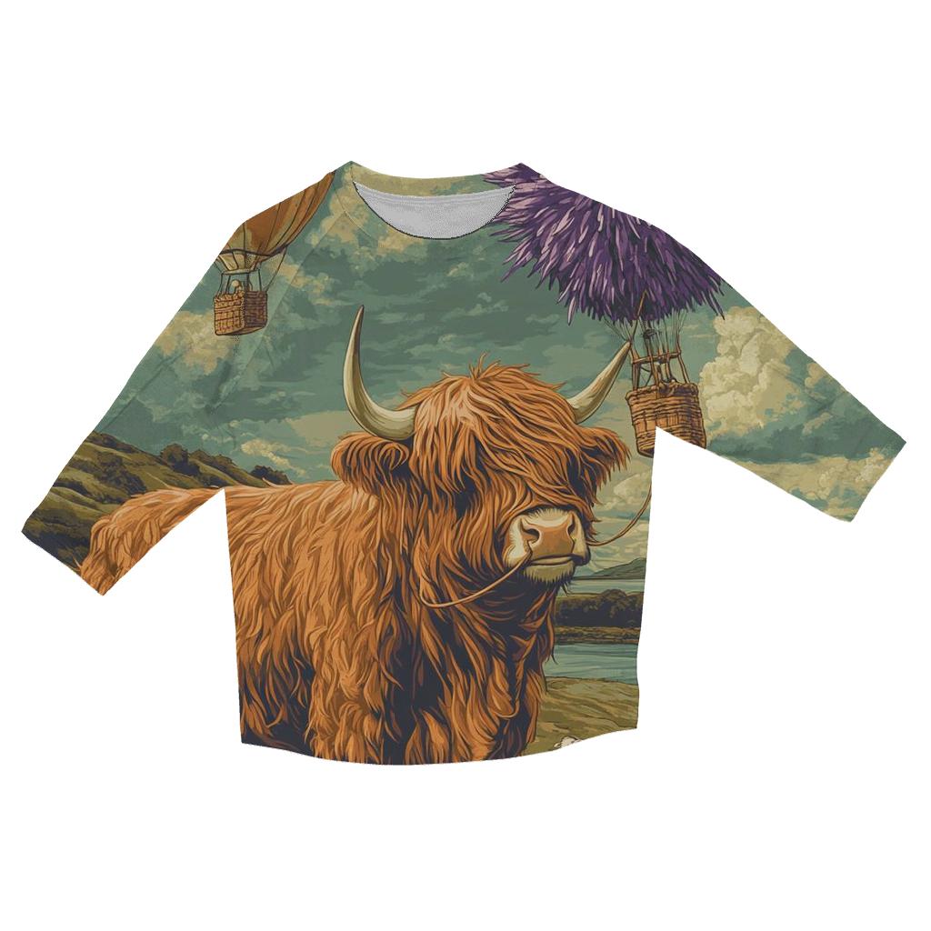 Highland Cow And The Floating Thistle Balloon printed three quarter sleeve shirts