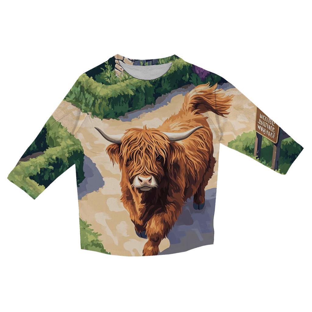 Highland Cow In The Heather Maze printed three quarter sleeve shirts