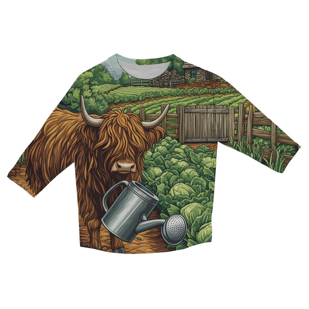 Highland Cow Gardener In The Croft Plot printed three quarter sleeve shirts