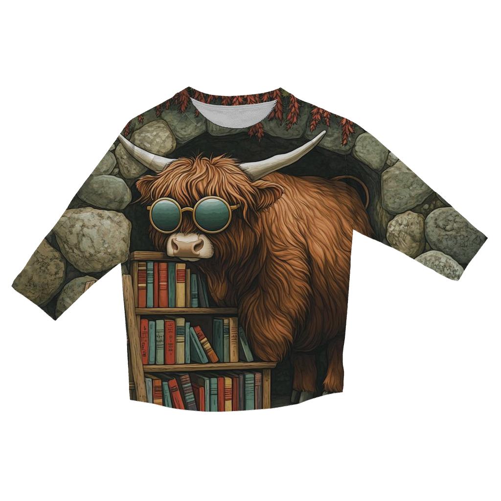 Highland Cow And The Secret Glen Library trendy 3/4 sleeve tops