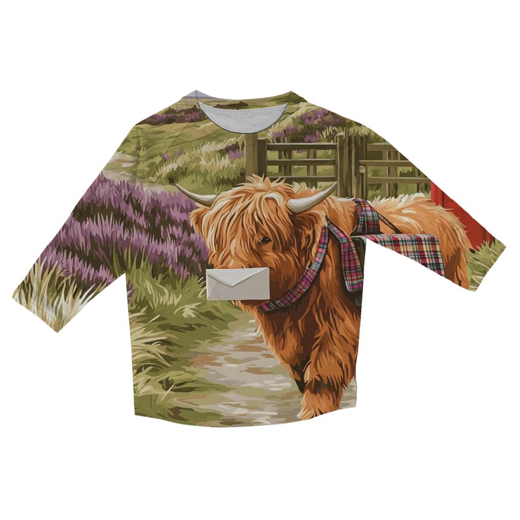 Highland Cow Mail Carrier On The Moor printed three quarter sleeve shirts