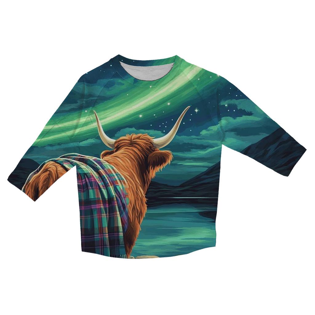 Highland Cow Under The Aurora Glen fashion 3/4 sleeve shirts