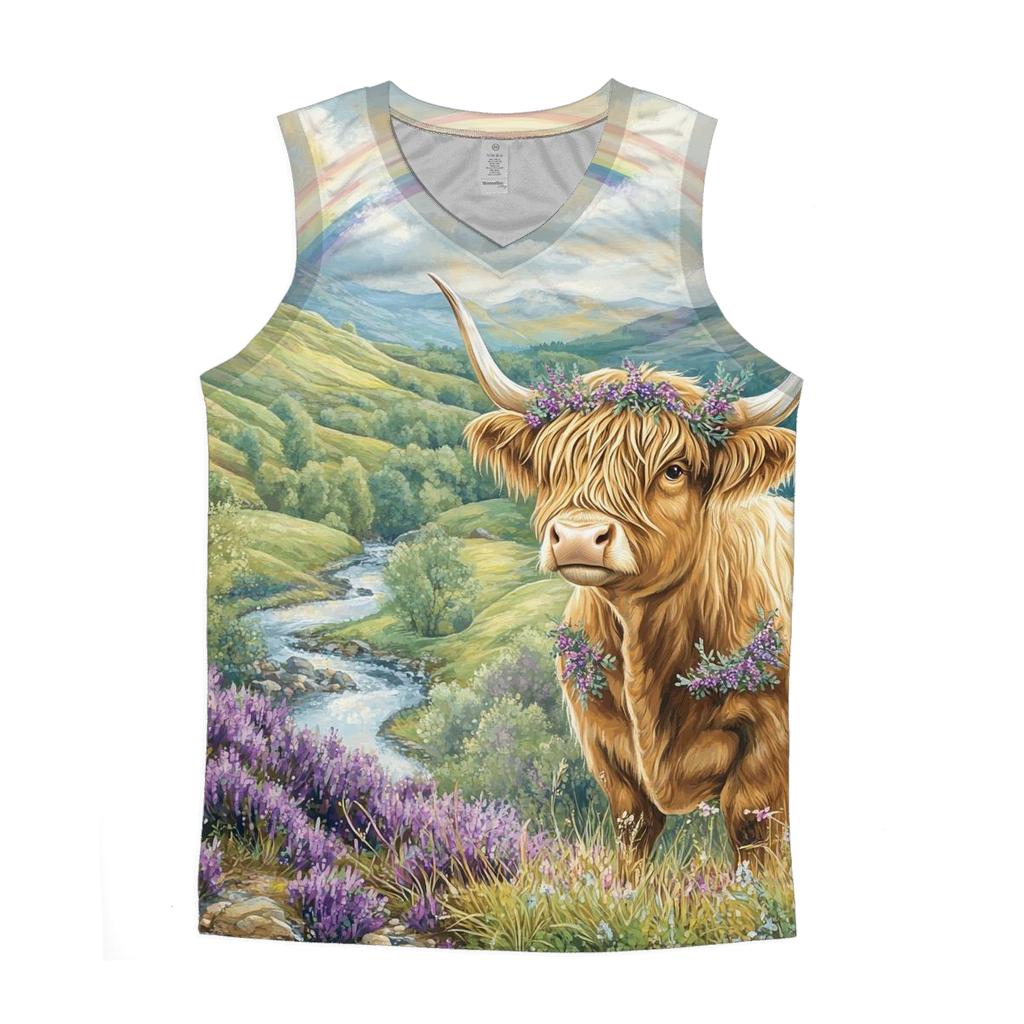 Highland Cow Under Heather Rainbows graphic print tank tops