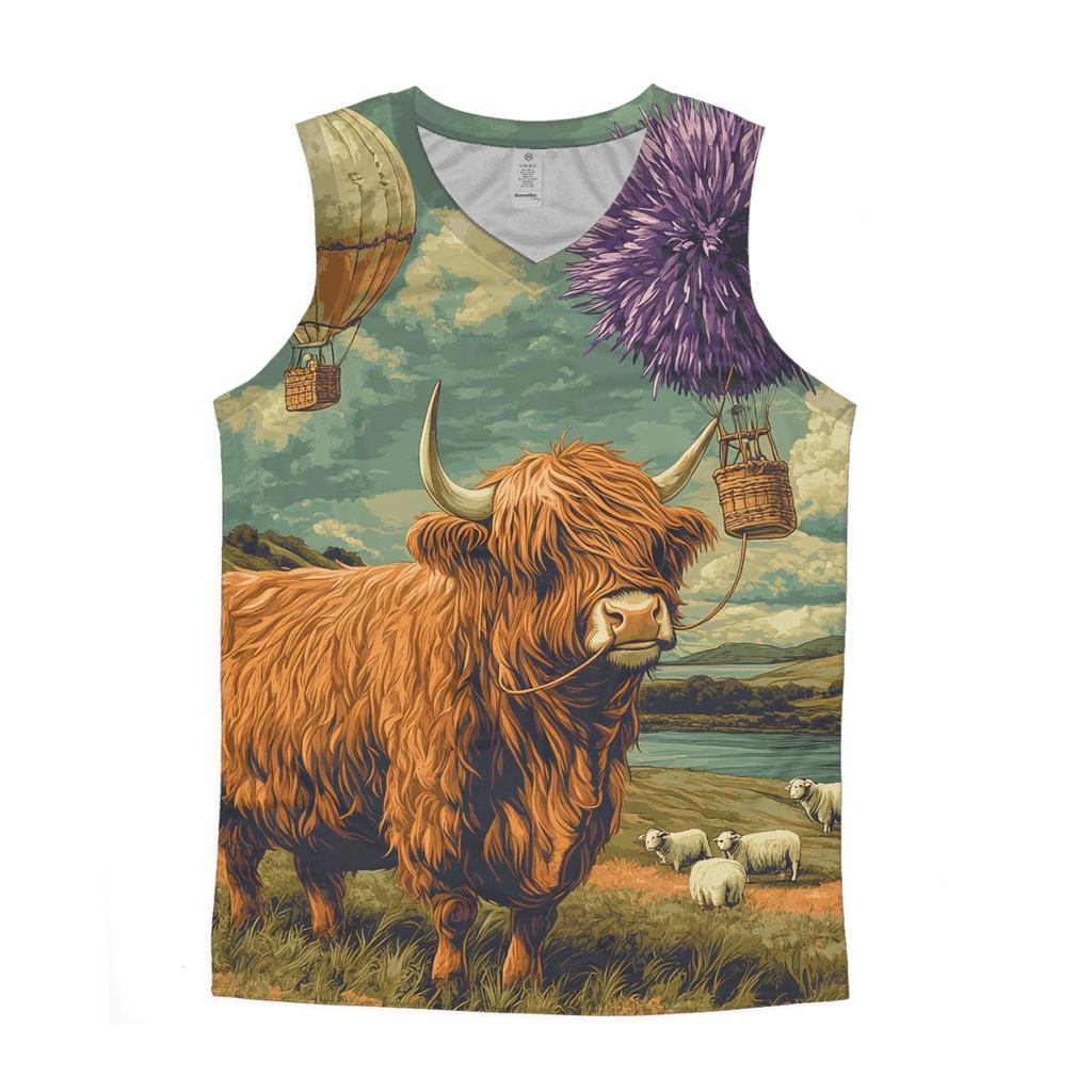 Highland Cow And The Floating Thistle Balloon trendy fitted tank tops