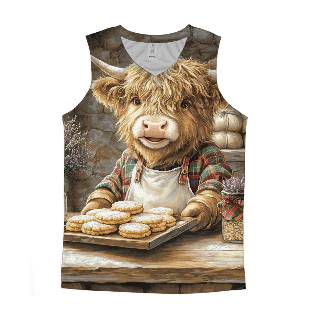 Highland Cow Baker At The Oatcake Stall graphic print tank tops
