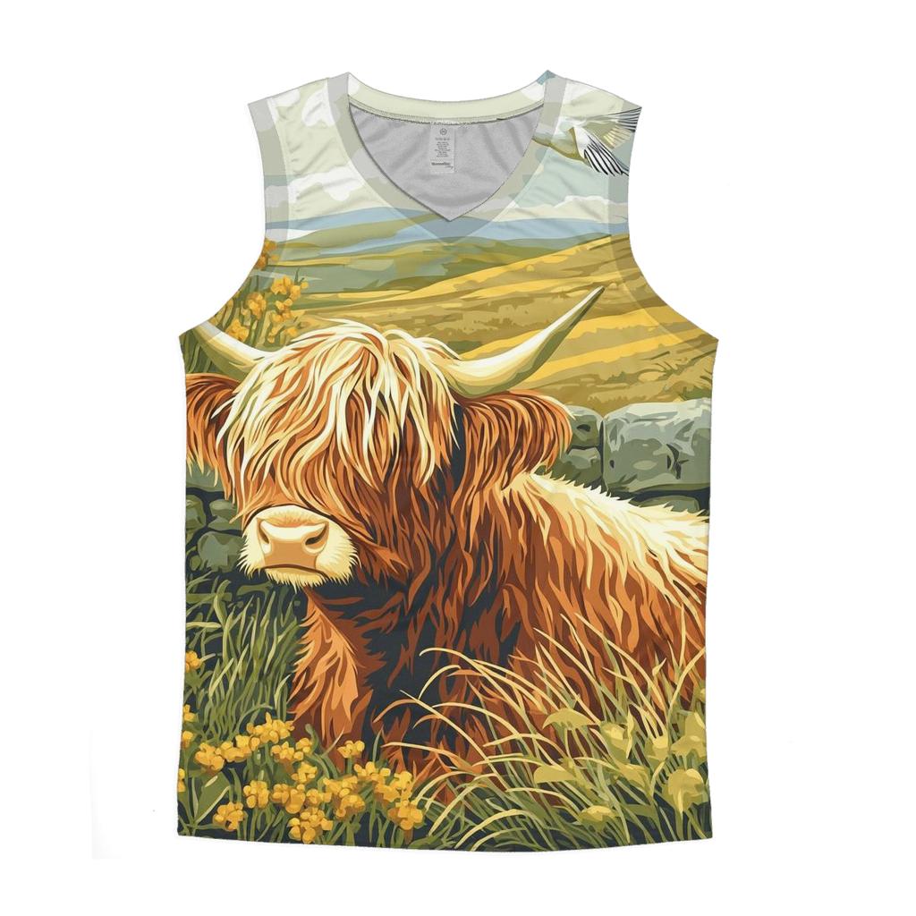 Skylark Serenade Highland Cow Scene graphic print tank tops