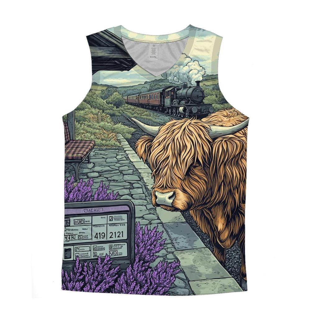 Highland Cow At The Old Railway Halt trendy fitted tank tops