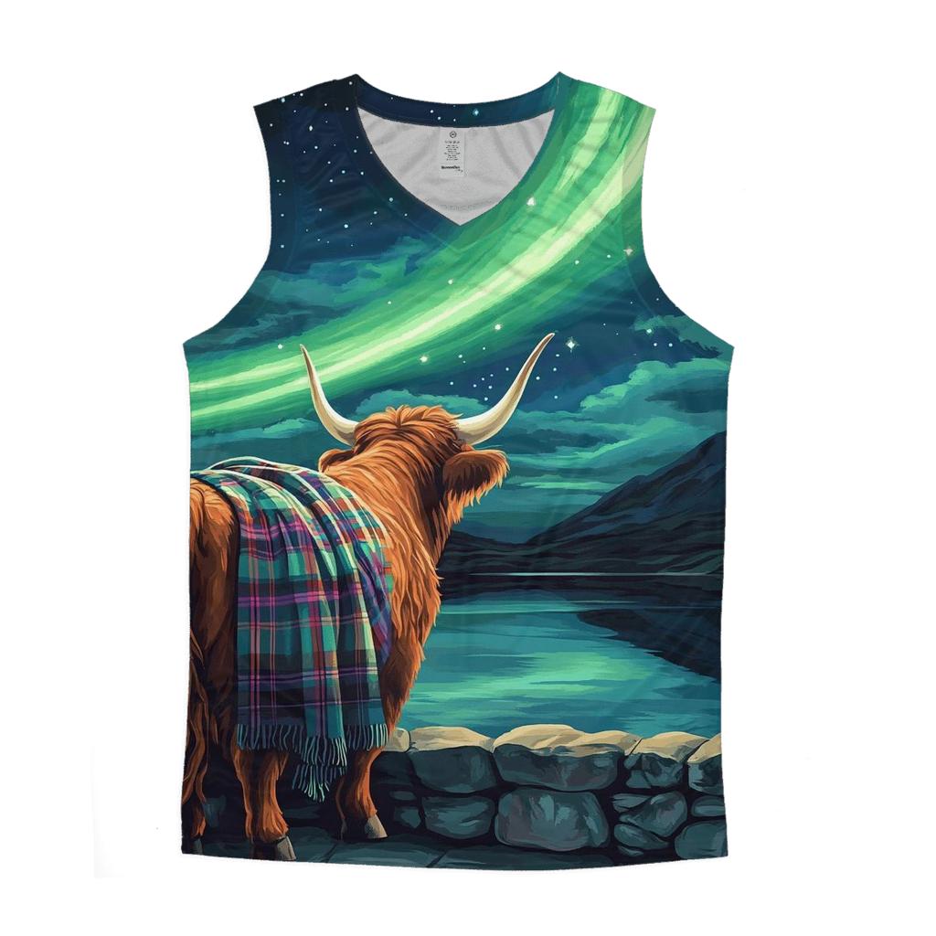 Highland Cow Under The Aurora Glen sports performance tank tops