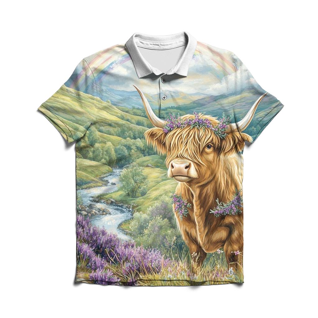 Highland Cow Under Heather Rainbows stylish collar polo tees