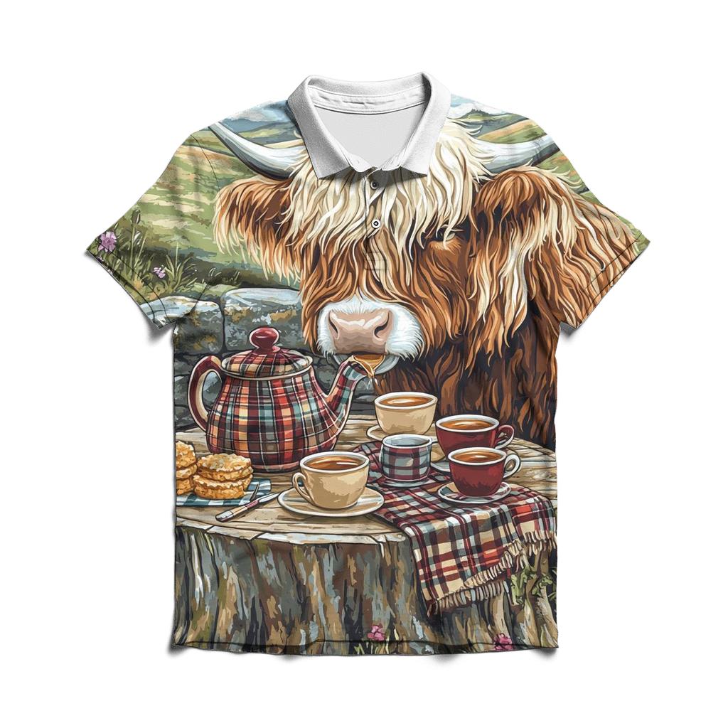 Storybook Tea Time Highland Cow branded logo polo shirts