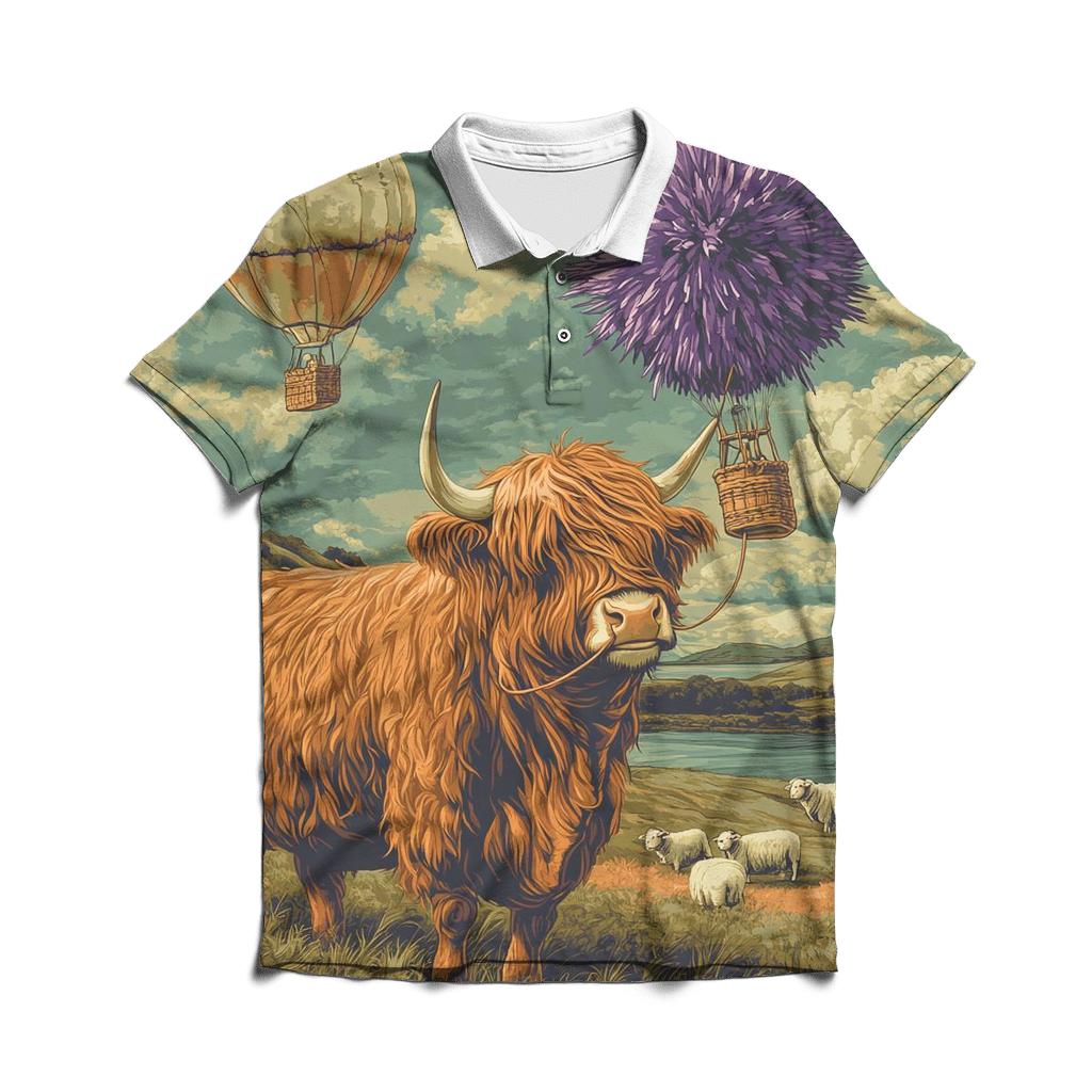 Highland Cow And The Floating Thistle Balloon embroidered polo tops
