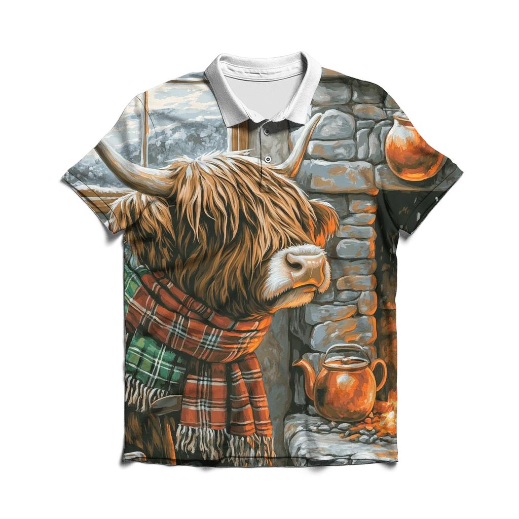 Winter Hearth Highland Cow Portrait designer slim fit polos