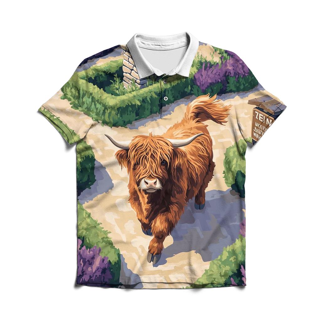 Highland Cow In The Heather Maze personalized polo shirts