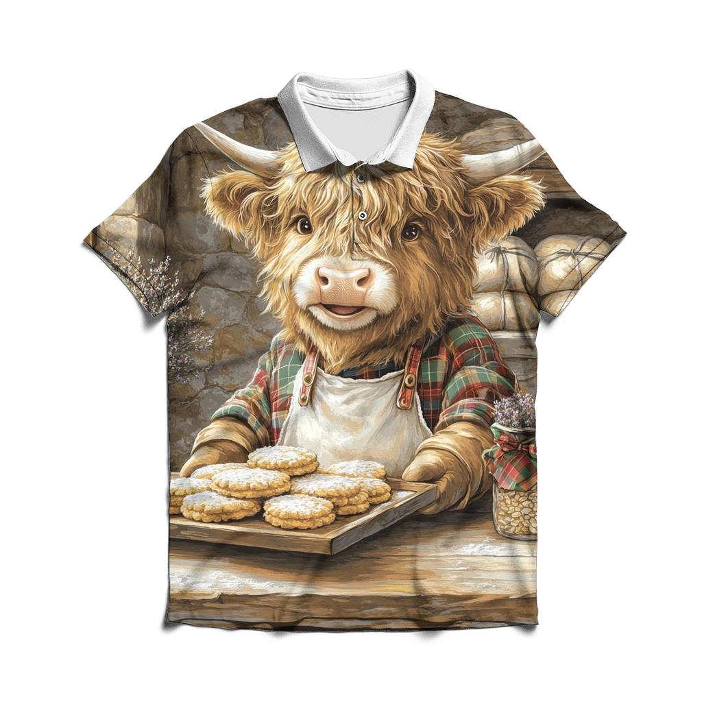 Highland Cow Baker At The Oatcake Stall casual sports polo shirts