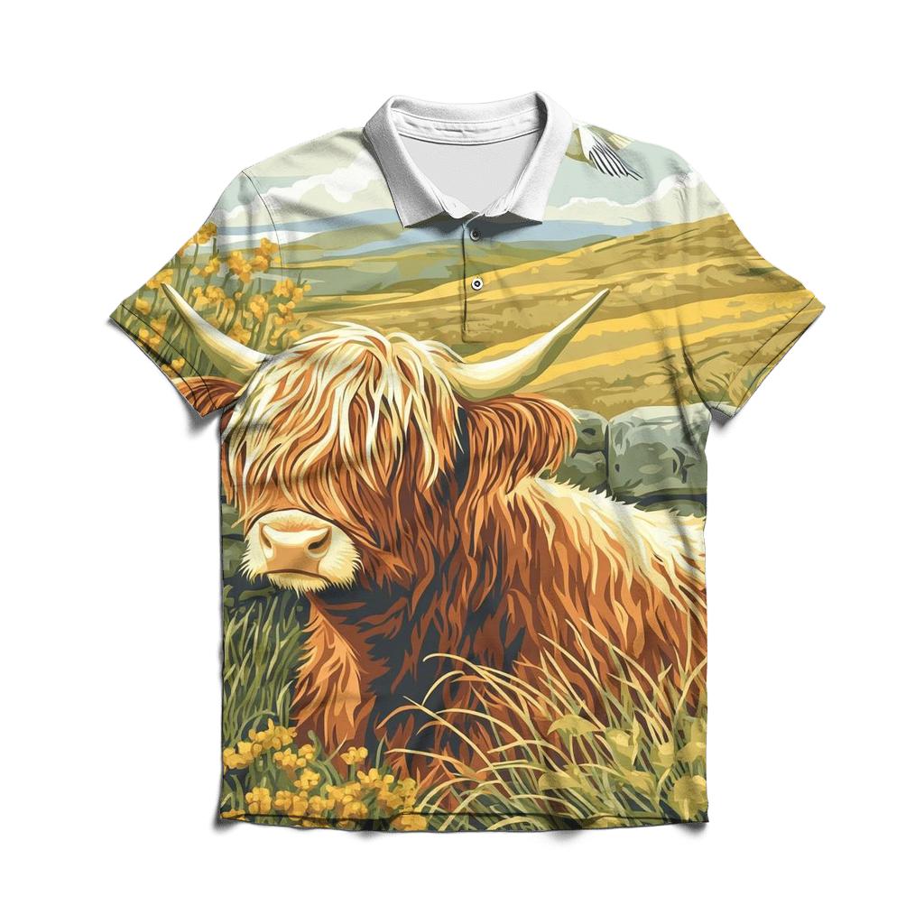Skylark Serenade Highland Cow Scene custom polo shirts