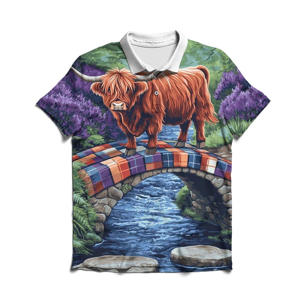 Highland Cow On The Tartan Bridge casual sports polo shirts