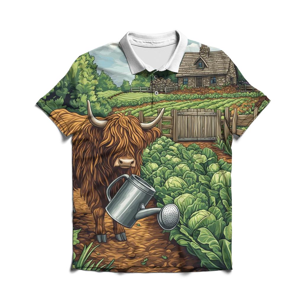 Highland Cow Gardener In The Croft Plot branded logo polo shirts