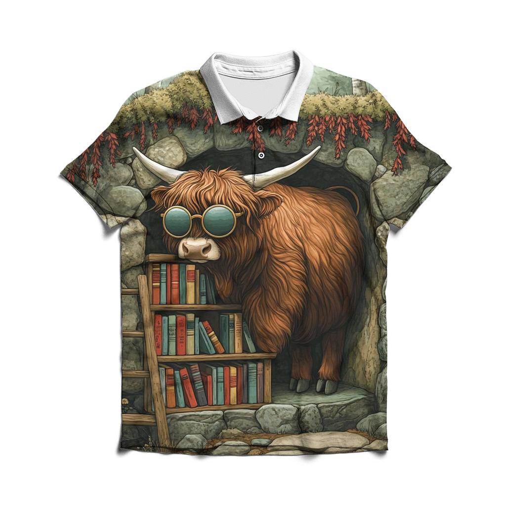 Highland Cow And The Secret Glen Library custom polo shirts