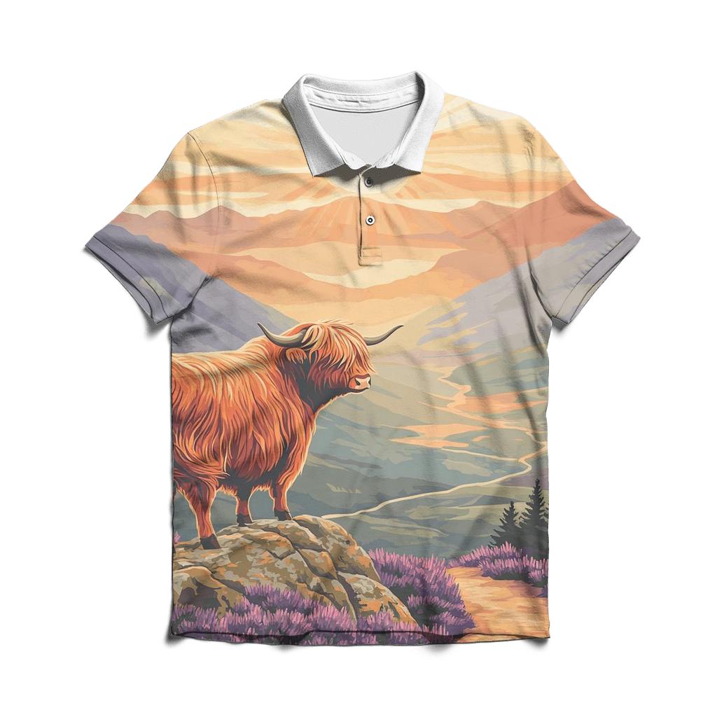 Highland Cow Sunrise On The Ridge classic pique polos