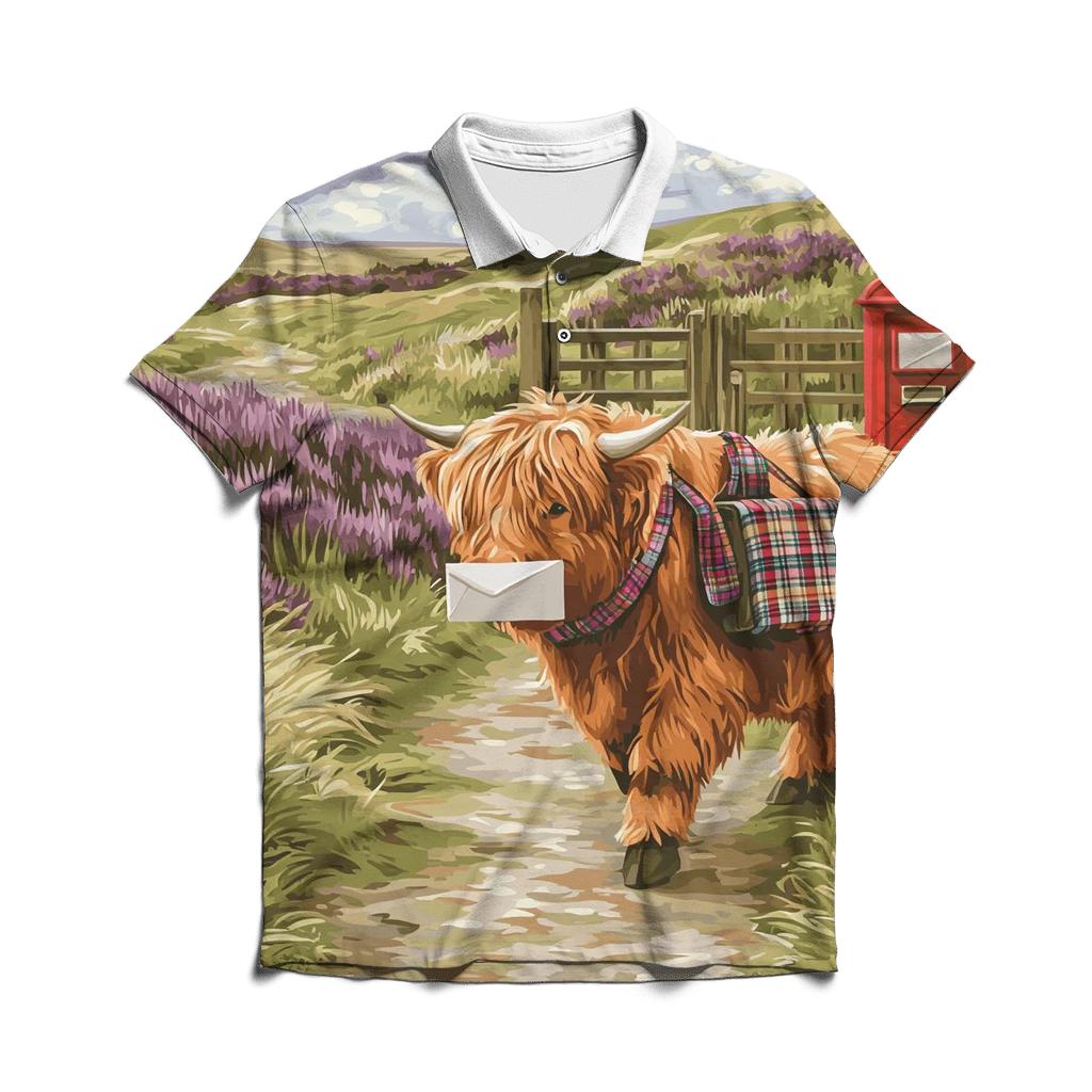 Highland Cow Mail Carrier On The Moor casual sports polo shirts