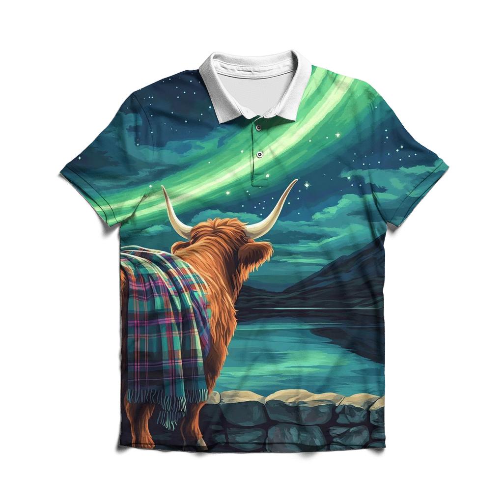 Highland Cow Under The Aurora Glen embroidered polo tops
