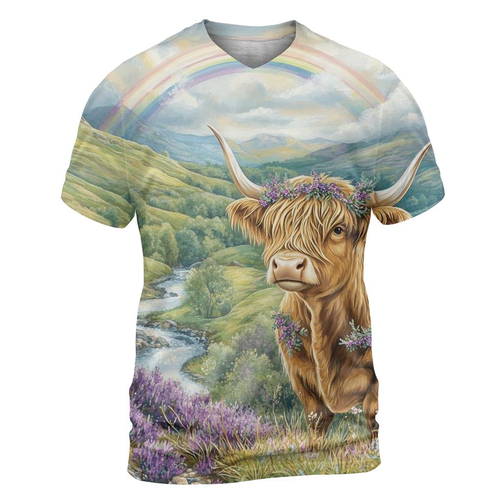 Highland Cow Under Heather Rainbows creative print fashion shirts