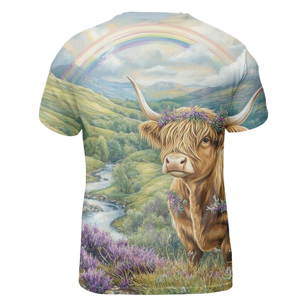 Highland Cow Under Heather Rainbows creative print fashion shirts