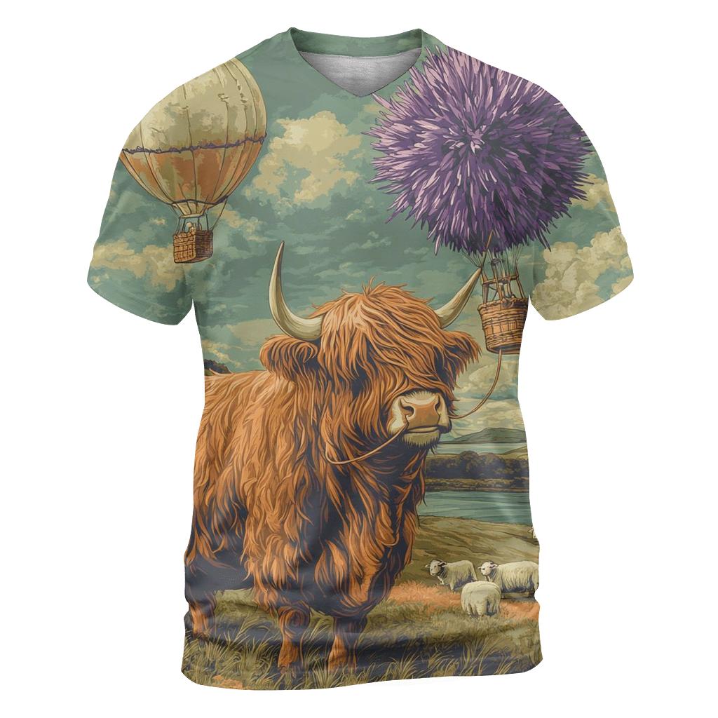 Highland Cow And The Floating Thistle Balloon vibrant all-over design tees