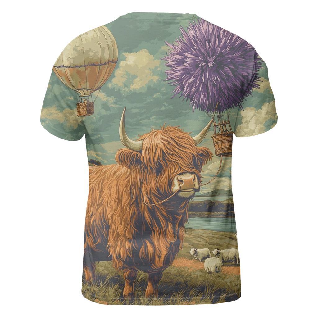 Highland Cow And The Floating Thistle Balloon vibrant all-over design tees