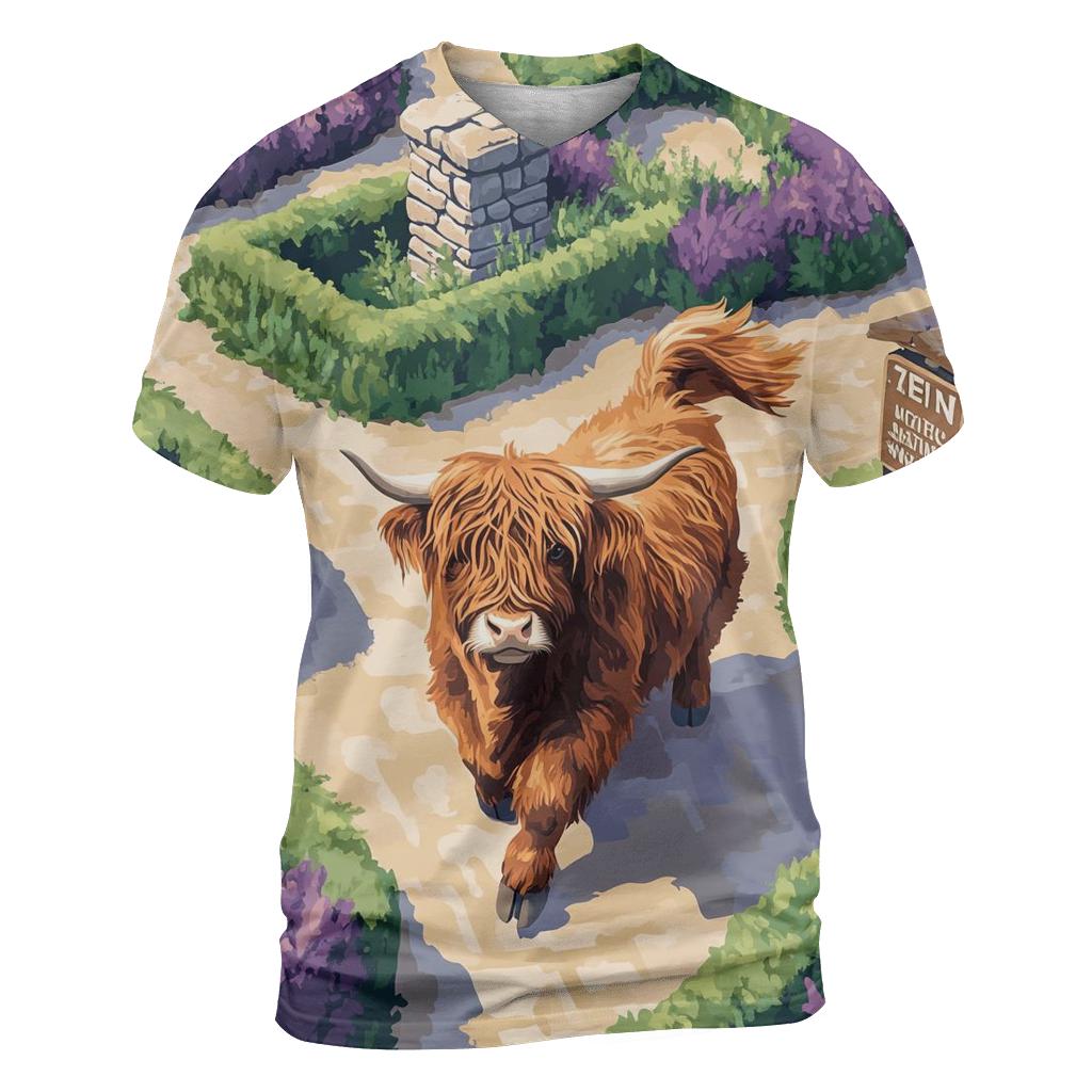 Highland Cow In The Heather Maze artistic all-over print tops