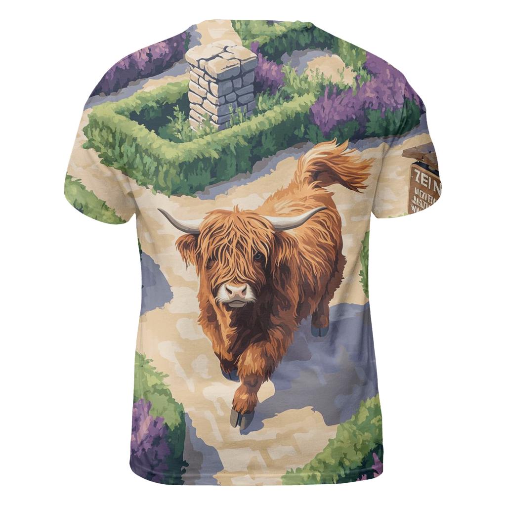 Highland Cow In The Heather Maze artistic all-over print tops