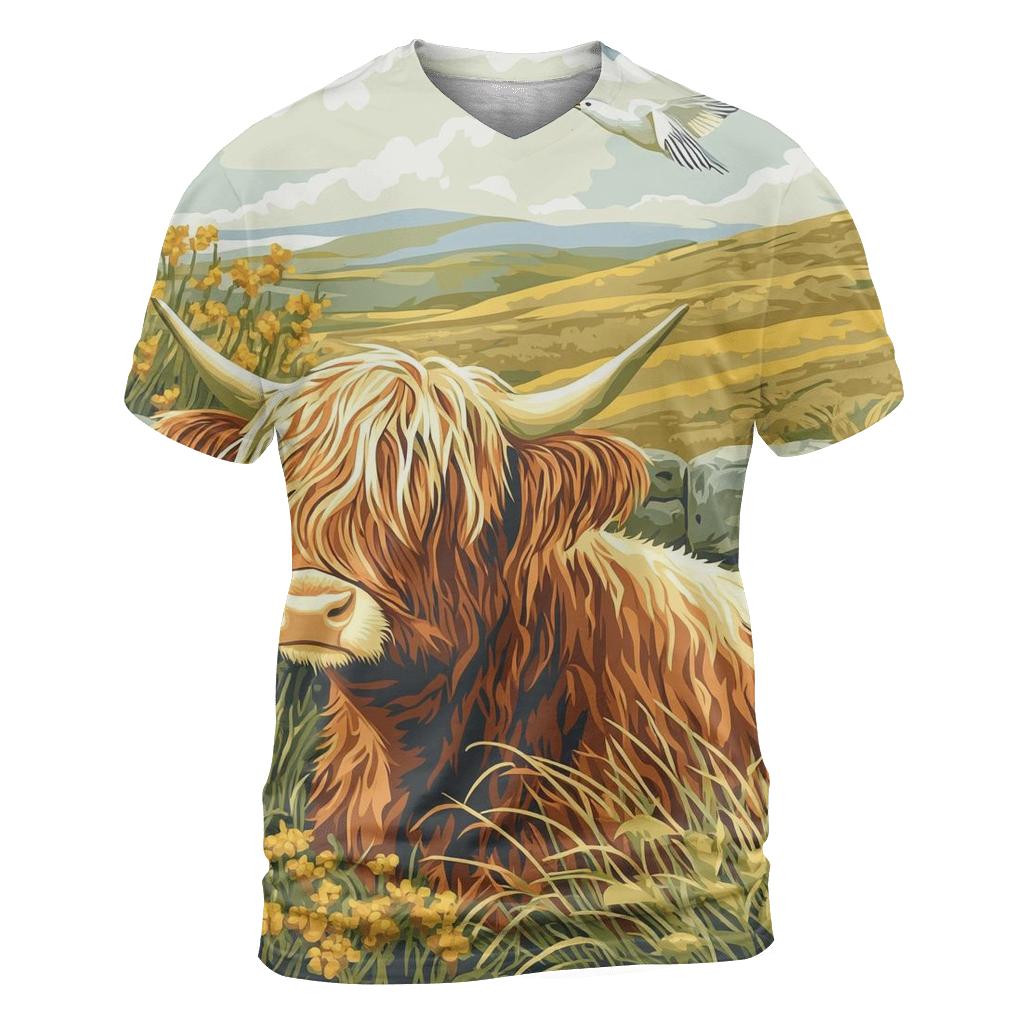 Skylark Serenade Highland Cow Scene designer pattern shirts