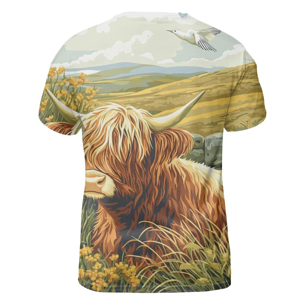 Skylark Serenade Highland Cow Scene designer pattern shirts