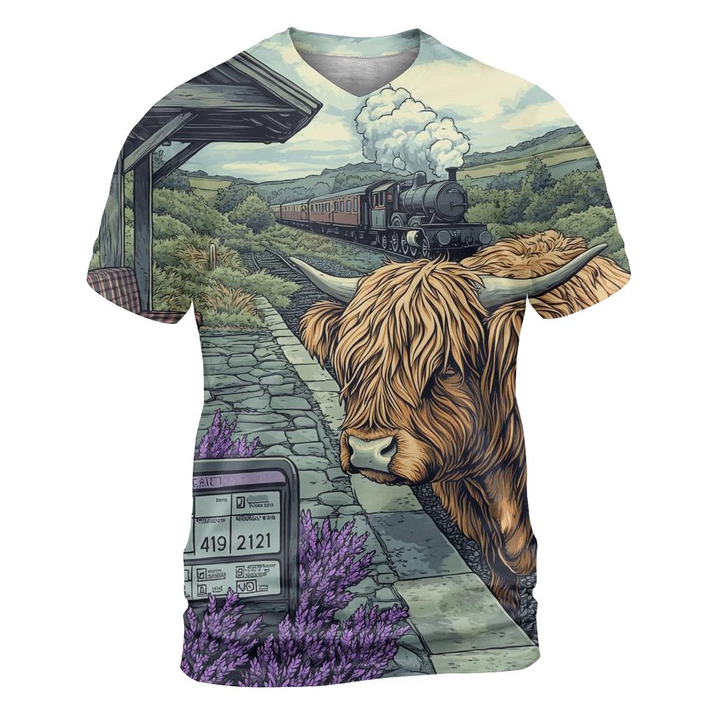 Highland Cow At The Old Railway Halt artistic all-over print tops