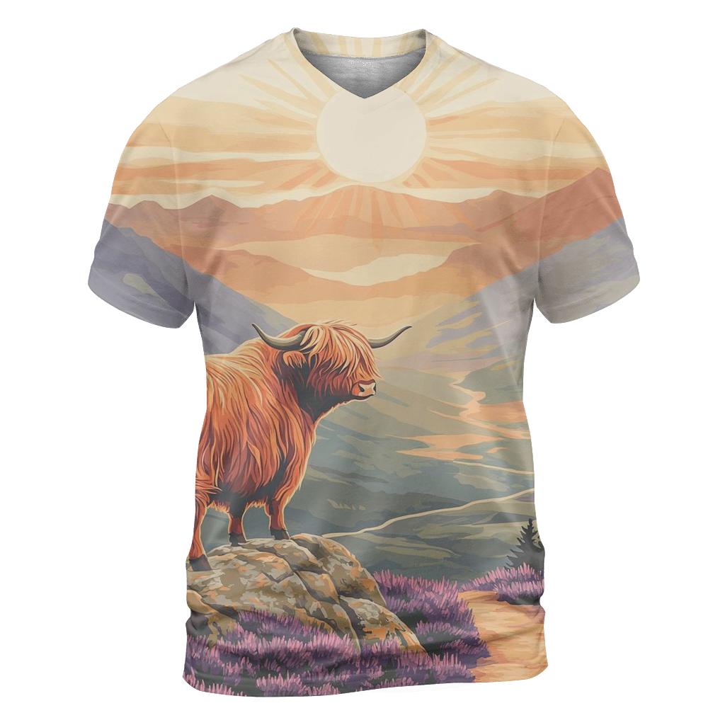 Highland Cow Sunrise On The Ridge trendy printed shirt styles
