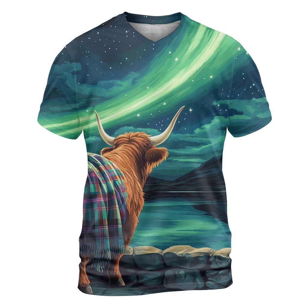 Highland Cow Under The Aurora Glen statement graphic shirts