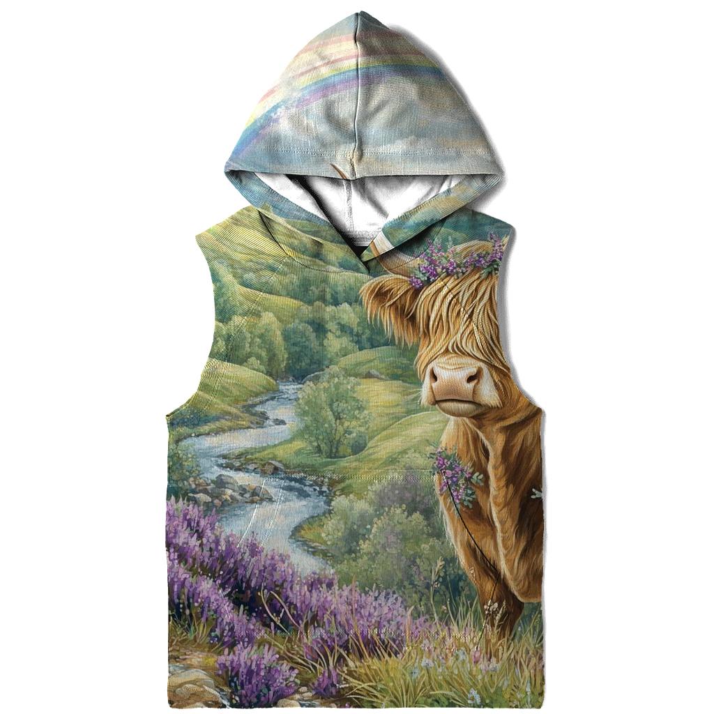 Highland Cow Under Heather Rainbows hoodie styles