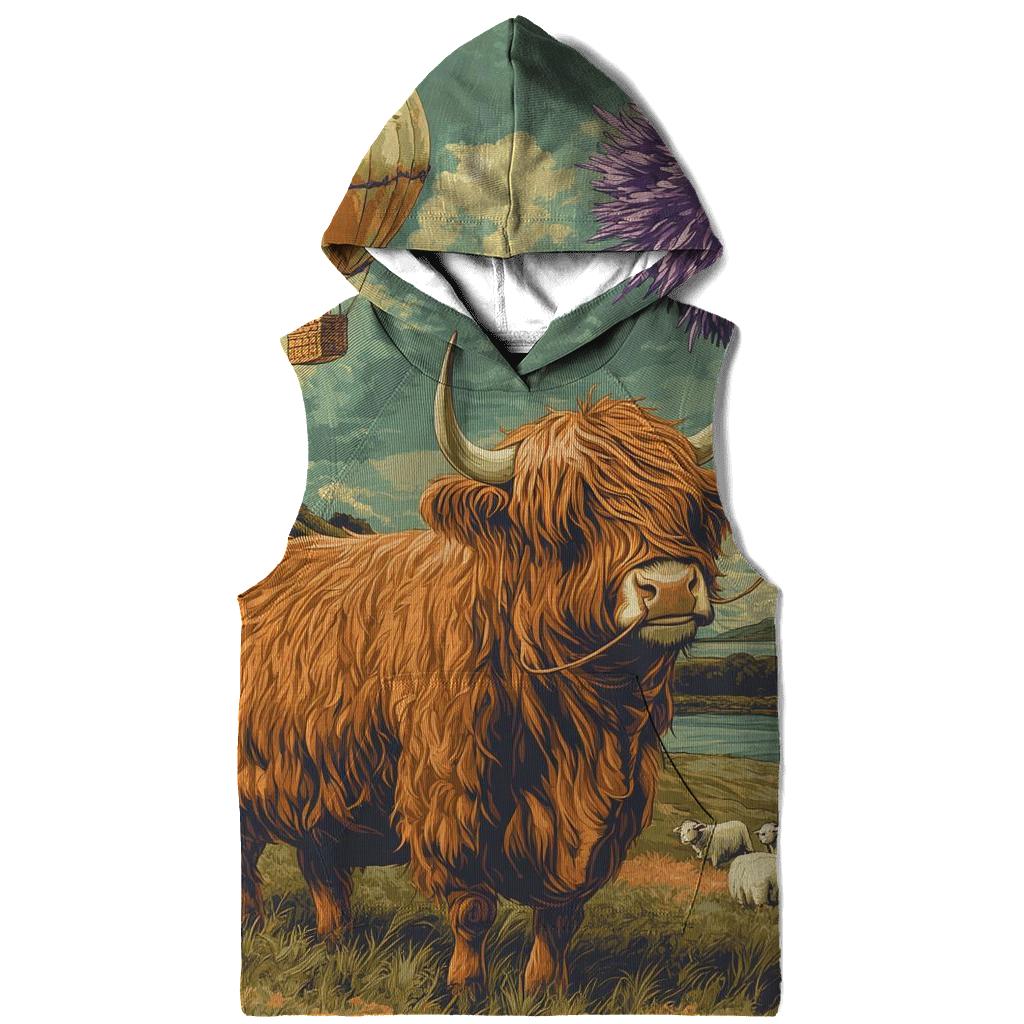 Highland Cow And The Floating Thistle Balloon designer hoodies