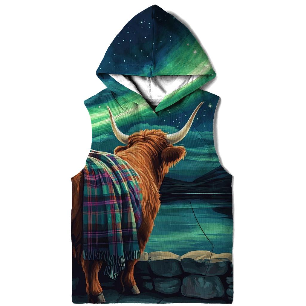 Highland Cow Under The Aurora Glen zip-up hoodies