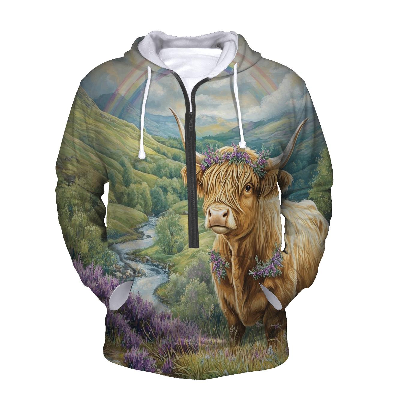Highland Cow Under Heather Rainbows heavyweight hoodies