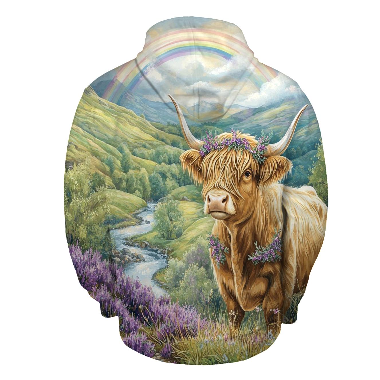 Highland Cow Under Heather Rainbows heavyweight hoodies