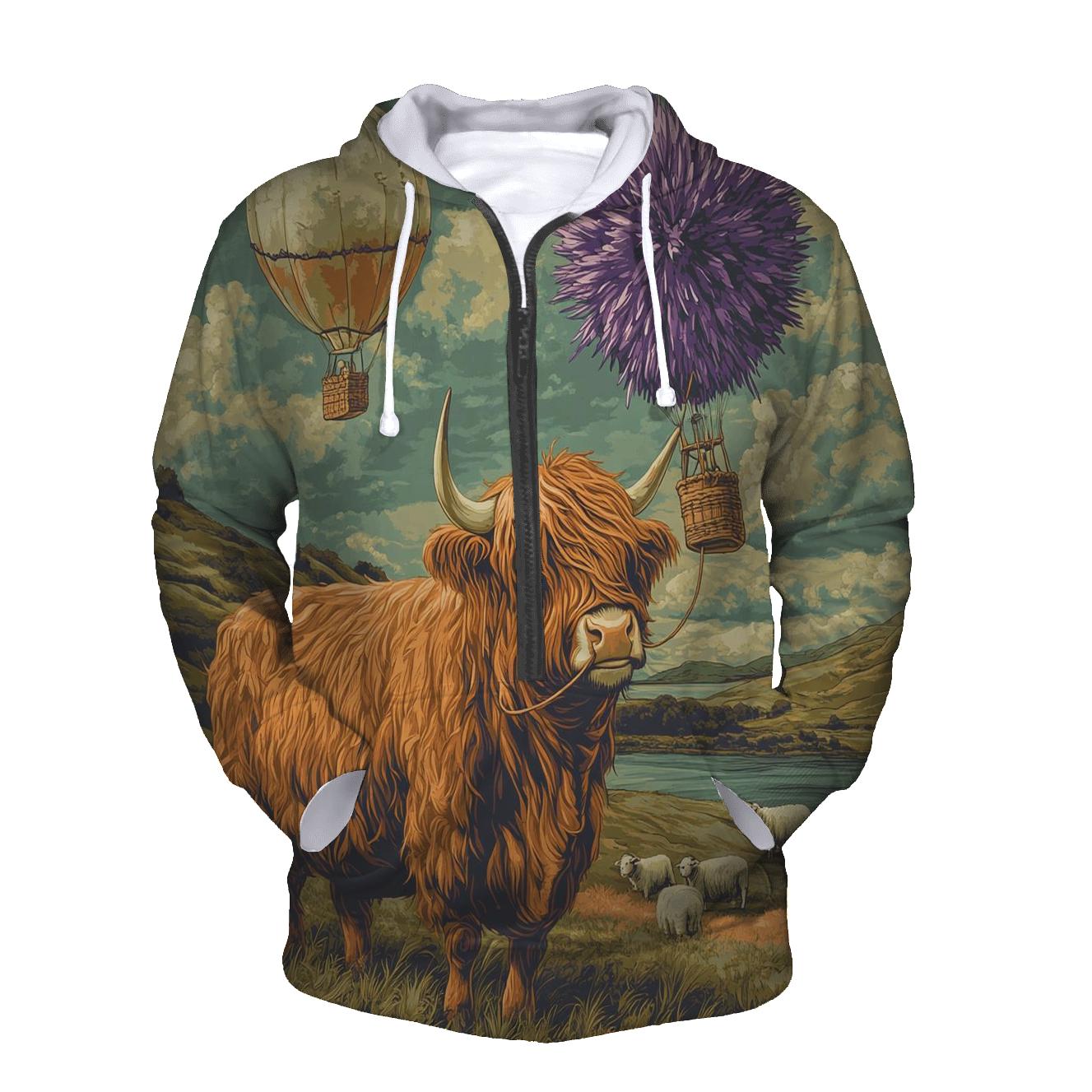 Highland Cow And The Floating Thistle Balloon zip-up hoodies