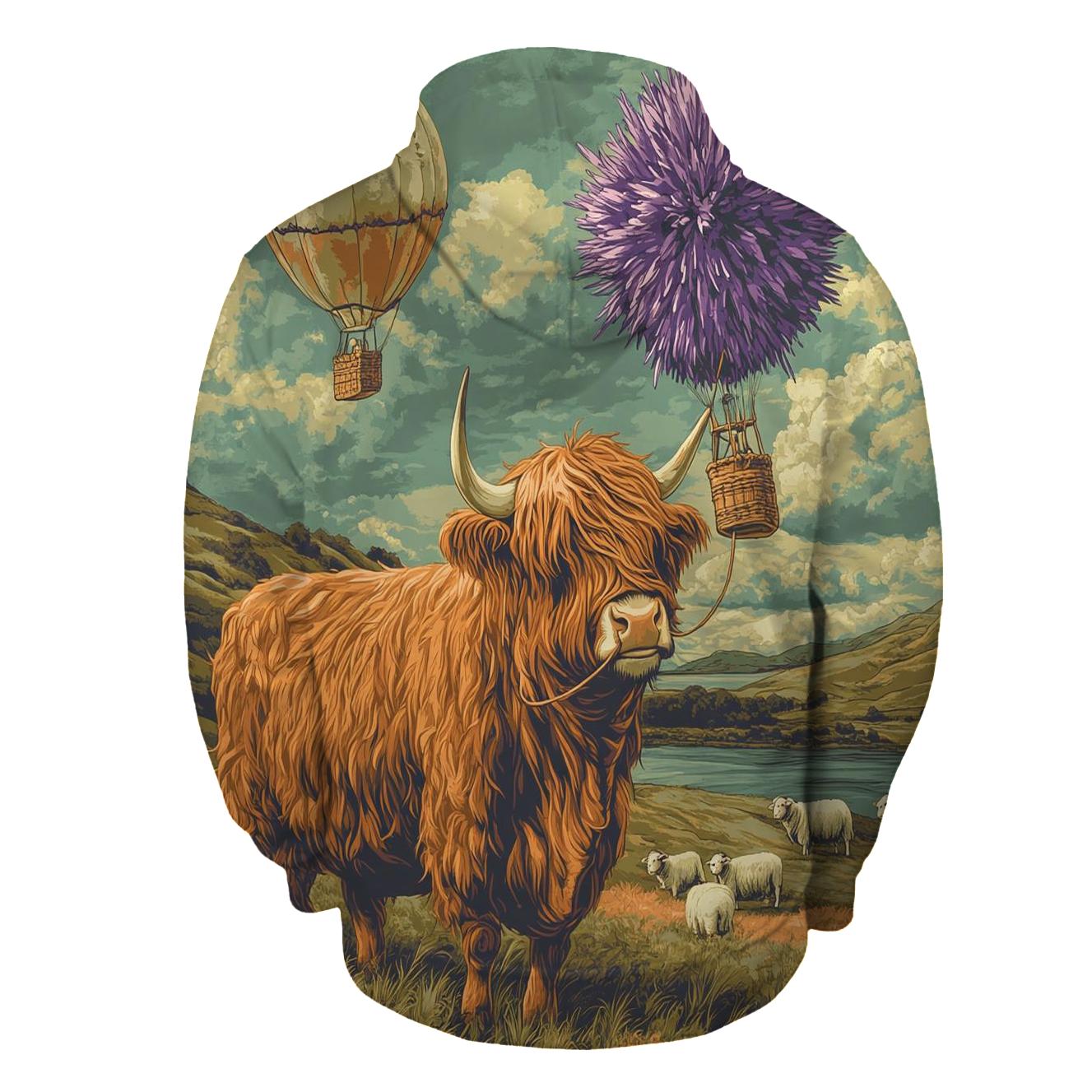 Highland Cow And The Floating Thistle Balloon zip-up hoodies