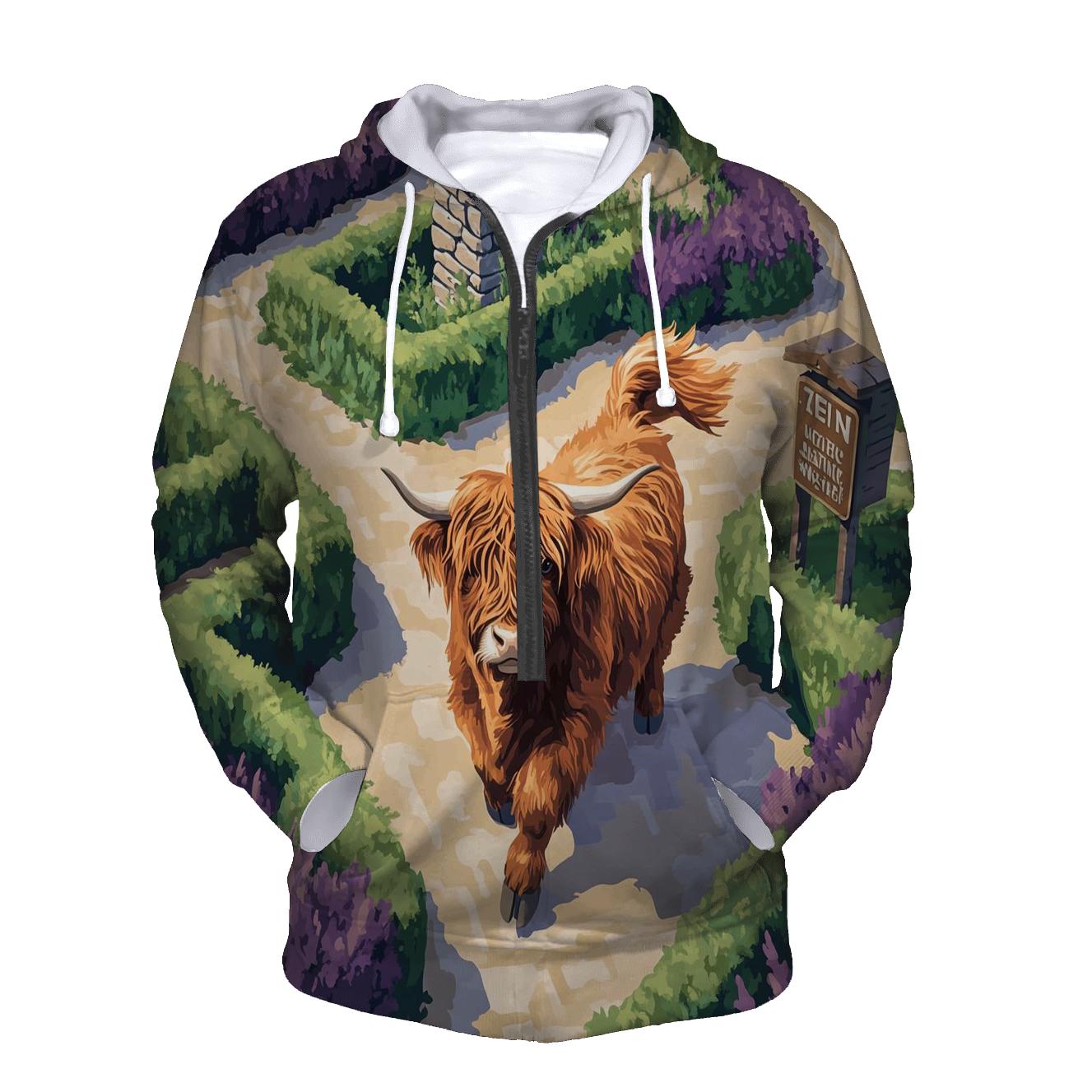 Highland Cow In The Heather Maze zip-up hoodies