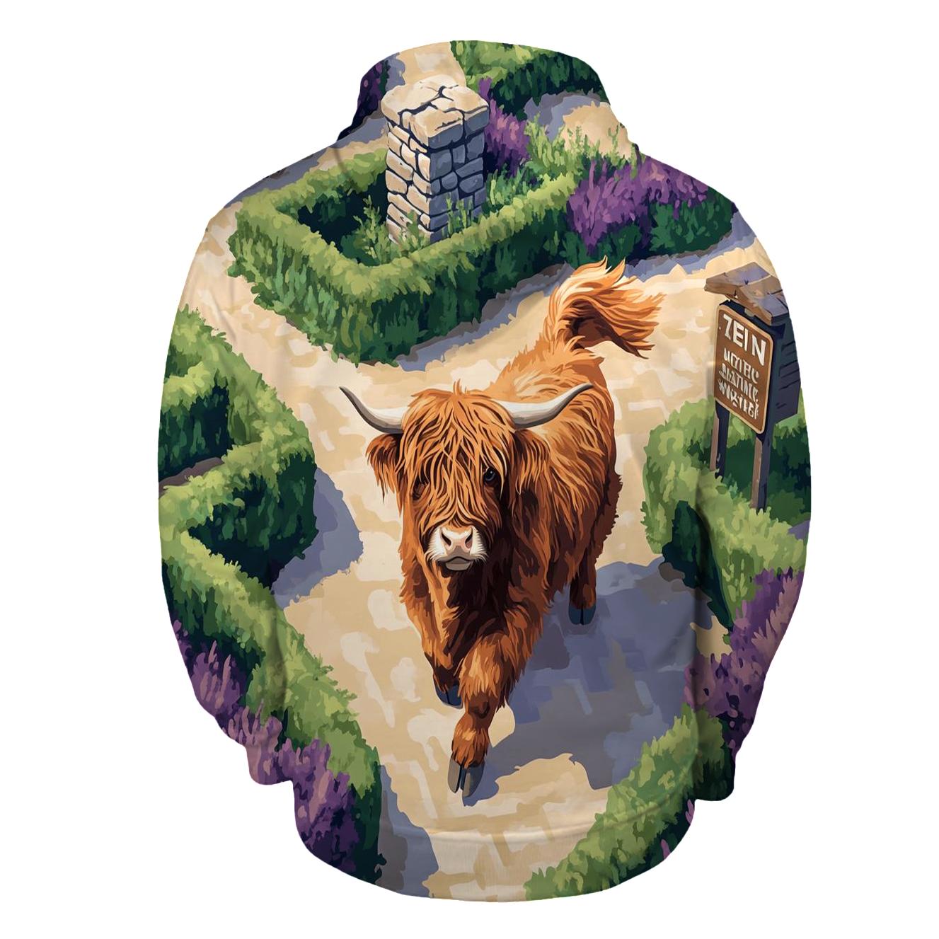 Highland Cow In The Heather Maze zip-up hoodies