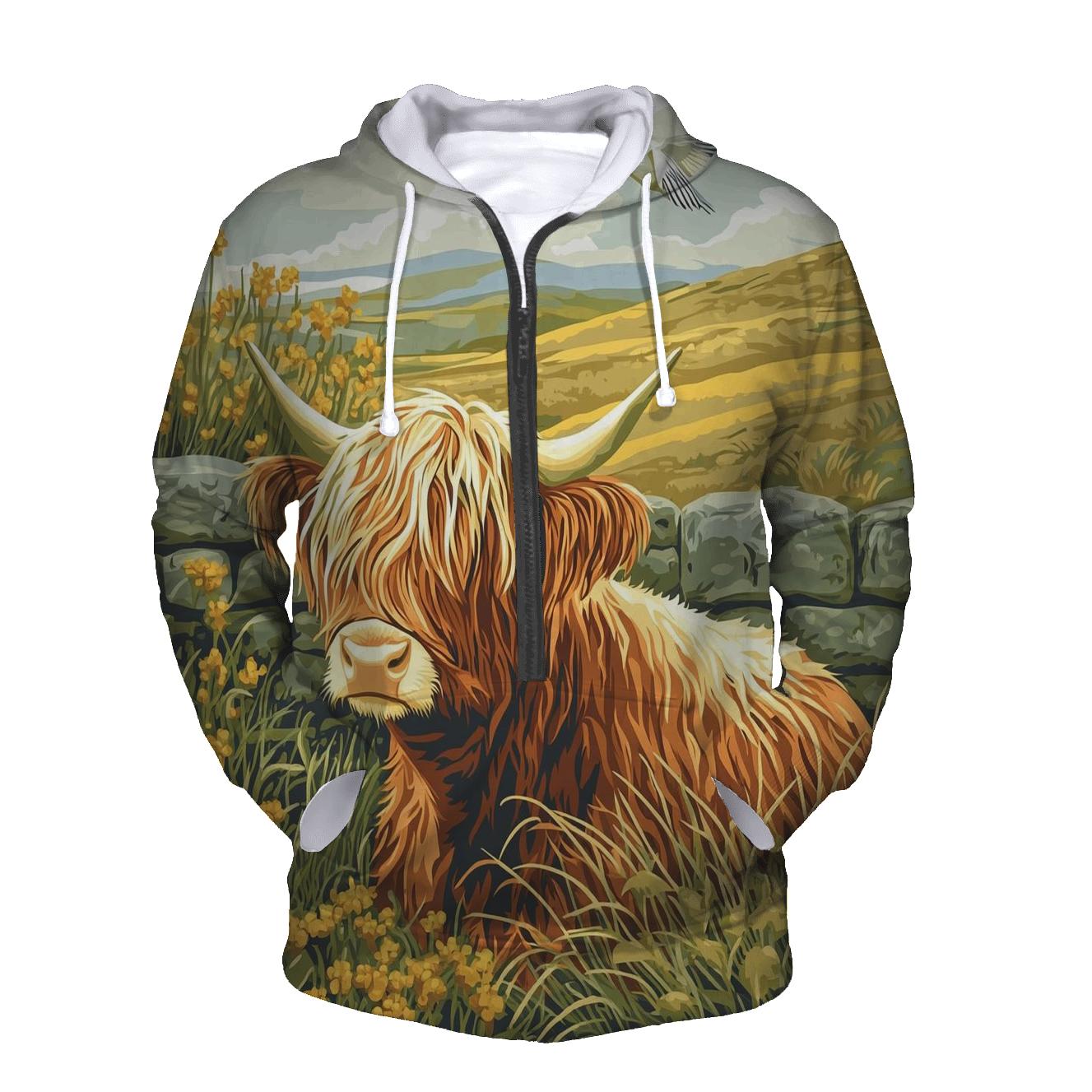 Skylark Serenade Highland Cow Scene designer hoodies