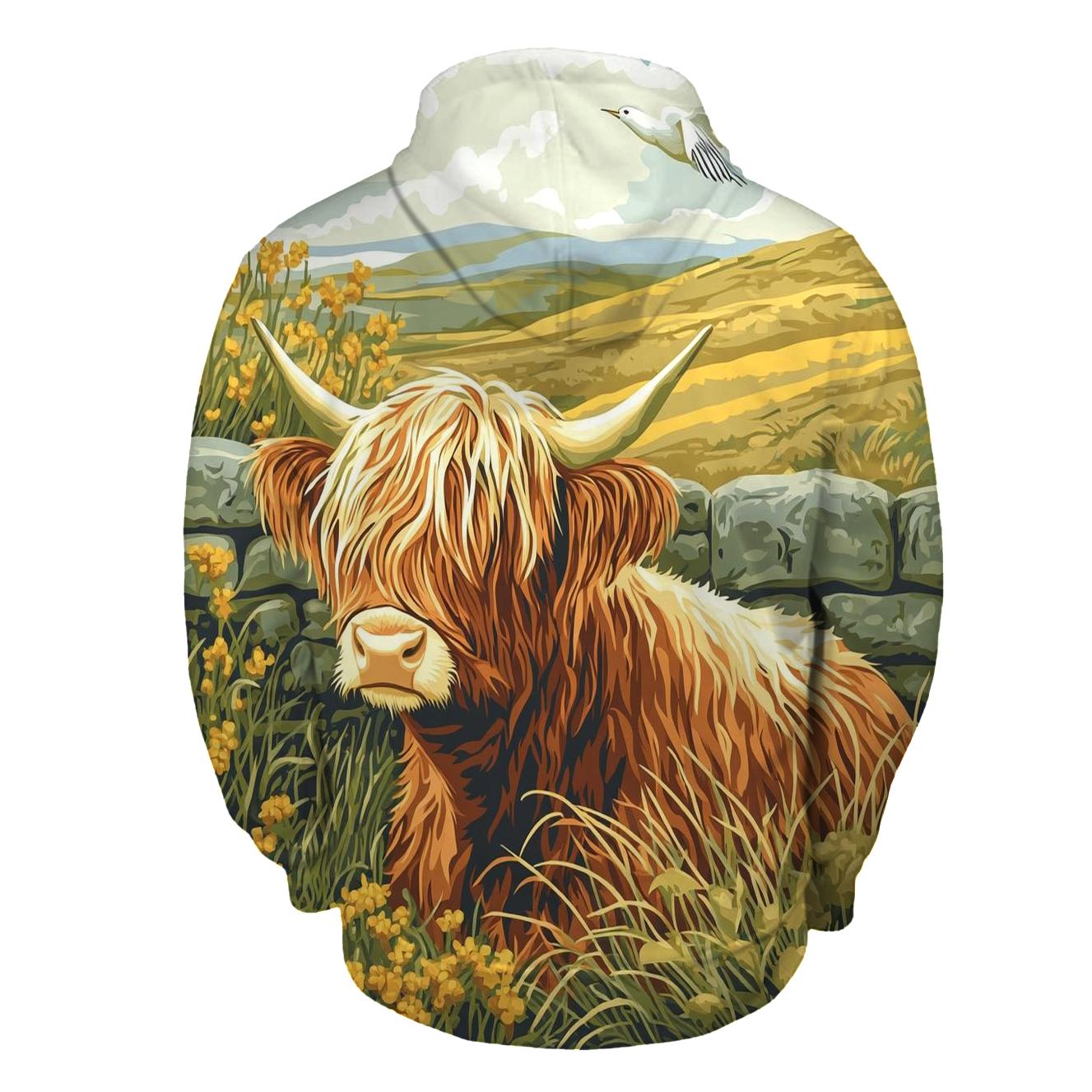 Skylark Serenade Highland Cow Scene designer hoodies